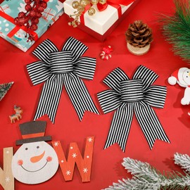 12 Pieces Halloween Black White Stripe Tree Topper Bows Christmas Burlap Bows Halloween Christmas Wreath Bow Craft for Tree Gift Wrapping Wall Home Front Door Decor