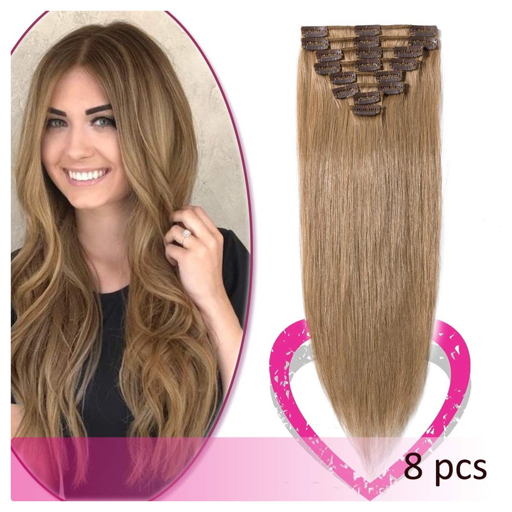 8 Inch Short Clip in Human Hair Extensions 45g Thin 8 Pcs 18 Clips Standard Weft Straight Clip on 100% Human Hairpieces for Women Beauty #27 Dark Blonde
