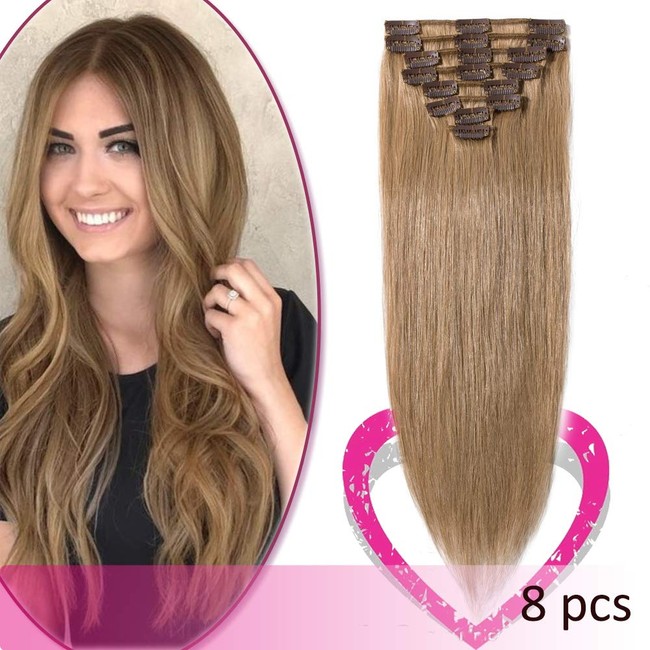 8 Inch Short Clip in Human Hair Extensions 45g Thin 8 Pcs 18 Clips Standard Weft Straight Clip on 100% Human Hairpieces for Women Beauty #27 Dark Blonde
