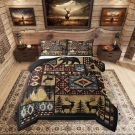 Erosebridal Rustic Bear Comforter Set King,Buffalo Plaid Grid Checkered Bedding 3Pcs,Hunting Deer Farmhouse Cabin Decor Quilt,Retro Southwest Aztec Bed Set,Tribal Duvet Insert,Brown Red