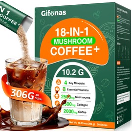 Mushroom Coffee with 5500mg Collagen Peptides, 6 Adaptogenic Mushrooms, L-Theanine, MCT Oil, Vitamins & Minerals, Organic Instant Coffee for Energy, Focus, Skin, Immune & Gut Support, 30 Sticks