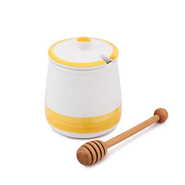Chase Chic Honey Pot, Ceramic Honey Jar with Lid and Wooden Dipper for Home Kitchen, 13.3 Ounces, Porcelain Honey Container for Storage (Yellow)
