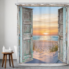 Riyidecor Beach Barn Door Shower Curtain 60Wx72H Inch Blue Ocean Beachy Nautical Coastal Seaside Sea Hawaiian Sunset Landscape Farmhouse Wood Bathroom Decor Fabric Polyester Waterproof 12 Pack Hooks