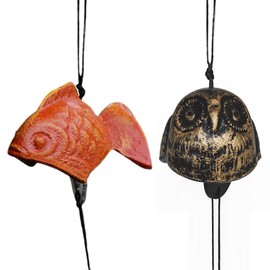 Oavand - Juego de 2 campanillas de viento japonesas bendecidas al aire última intervensión, Iwachu de hierro fundido Lucky Temple Wind Bell Memorial y Sympathy Wind Times para exterior buena suerte para jardín, patio, balcón (peces dorados y búho)