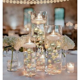 100 Floating Ivory Pearls with Matching Sparkling Ivory Gems-Jumbo Sizes-Fills 2 Gallons of Transparent Gels for Floating Effect-with Measured Floating Gels Prep Bags for Best Results!