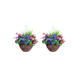 Pair of Best Artificial 30cm Pansy Flower Display in 10" Rattan Wicker Hanging Baskets for Outdoor Garden (Plum & Lilac)