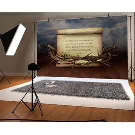 AOFOTO 7x5ft Holy Bible Story Parchment Backdrop Crown Thorns Nails Vintage Paper Scripture Christ Child Jesus Birth Manuscript Background for Photography Christian Church Religious Photo Studio Prop