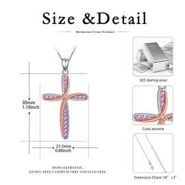 TwoAnts Cross Chain 925 Sterling Silver 12 Birthstone Chain Cross Pendant Necklace Birthday Jewellery Gifts for Women Girls, Sterling Silver, Zircon