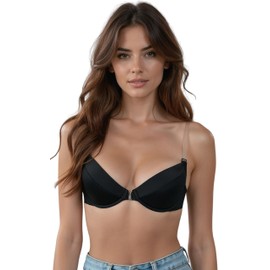 Vivisence Women's Clear Strap Bra Push Up Invisible Backless Clear Back Bra with Transparent Straps for Backless Dresses, Black,30C