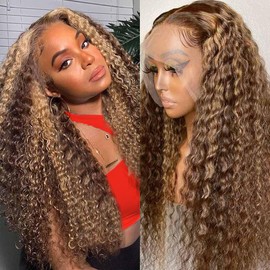 Jenniferita Highlight Ombre Deep Wave Honey Blonde Lace Front Wigs Human Hair Wear and Go Glueless 4/27 Highlight Transparent HD Lace Front Wigs Human Hair for Women 200% Density Curly Lace Front Wig