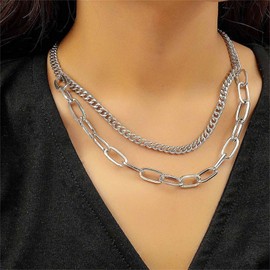 Aneneiceera Punk Silber Geschichtet Halskette Vintage Klobige Link Kette Rock Aussage Dicke Halskette Gestapelt Büroklammer Kuba Kette Choker Halskette Charme Schmuck Für Frauen Und Mädchen
