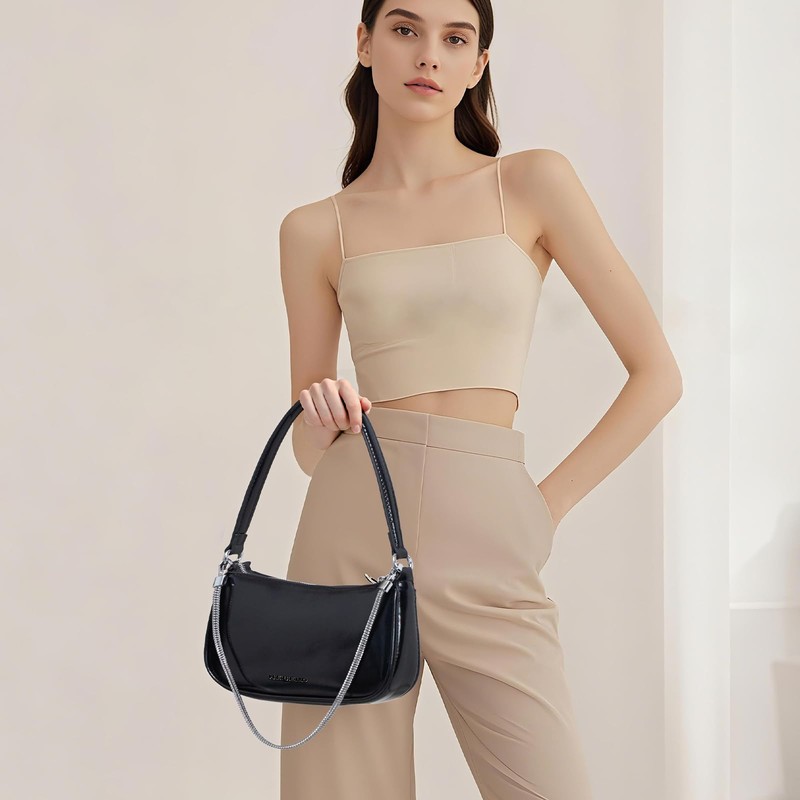 HEBELD Classic Black Shoulder Bag, Faux Leather, Removable Chain Strap,