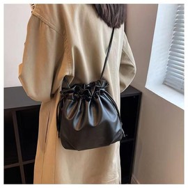 Small Leather Drawstring Bucket Bag Hobo Bucket Bags and Purses Crossbody Bucket Satchel Bag Soft Drawstring Purse (Black)