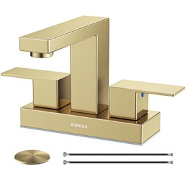 Bathroom Sink Faucet, Hurran 4 inch Brushed Gold Bathroom Faucets for Sink 3 Hole with Pop-up Drain and Supply Lines, Stainless Steel 2-Handle Faucet for Vanity RV Restroom