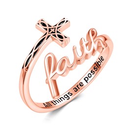 Shusukue Faith Cross Ring 925 Sterling Silver Faith Ring for Women with Engraving Christian Jewelry for Her, Rose Gold, Adjustable 6-8 Size