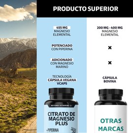 Citrato Magnesio Plus Con Piperina  455mg Magnesio Elemental  Magnesio Capsulas - Con Magnesio Marino  Magnesium Citrate  Marine Magnesium -