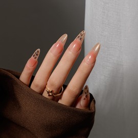 KQueenest 30 Pcs Glitter Gold French Tip Press On Nails Almond Long, Sparkly Glitter Fake Nails With Glue, Cute Bling Glue on Nails Press on with Cheetah Design, Reusable Stick on Nails for Women