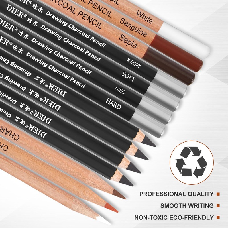 Geyoga 36 Pcs Professional Charcoal Pencils Extra soft, Soft, Medium,