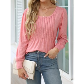 Ladies Tops Plus Size Tops for Women Fall Clothing Trendy 2024 Long Sleeve Shirts Fashion Dressy Pleated Casual Loose T-Shirts Pink
