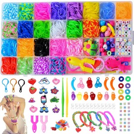 Kit de Pulsera de Goma,1800 Piezas Bandas de Goma Elástica DIY , Ligas para Pulseras con Herramienta de Compilación, Kit de Bandas de Telar con Flores de Dibujos Animados en 23 Colores,Trenzadas Hacer Pulseras Manualidad Arcoíris Regalo para Niños