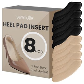 SereneLife Heel Pad Shoe Inserts – 4 Pairs Cushion Pads for Men’s and Women’s Shoes, Sneakers, High Heels – Relieves Heel Discomfort with Soft, Comfortable, Long-Lasting Adhesion – Black & Apricot