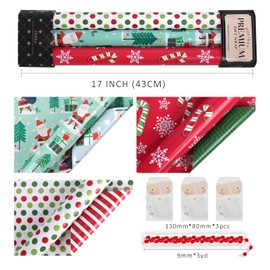 LaRibbons Reversible Christmas Wrapping Paper Set, Classic Santa/Winter Tree/Candy Canes & Colorful Polka Dot, Stripes Design for Holiday, Christmas Party, 17 Inch × 10 Feet(3 Rolls:42.3sq.ft.ttl)