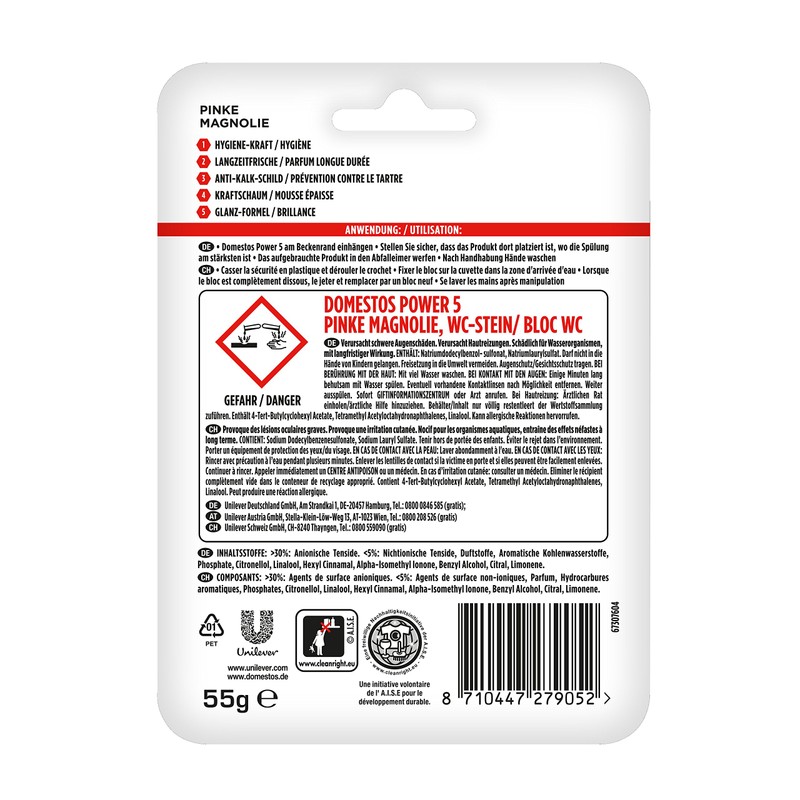 Domestos Toilet Power Brick 5 Pink Magnolia, 55 ml