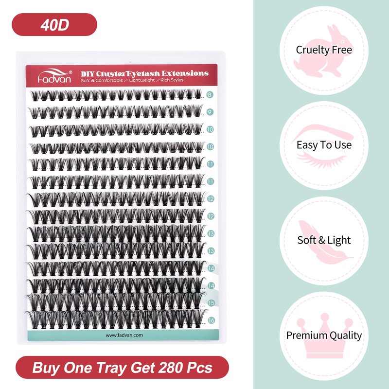 FADVAN Eyelash Extension Cluster 40D Curl D Mix 8-16 mm