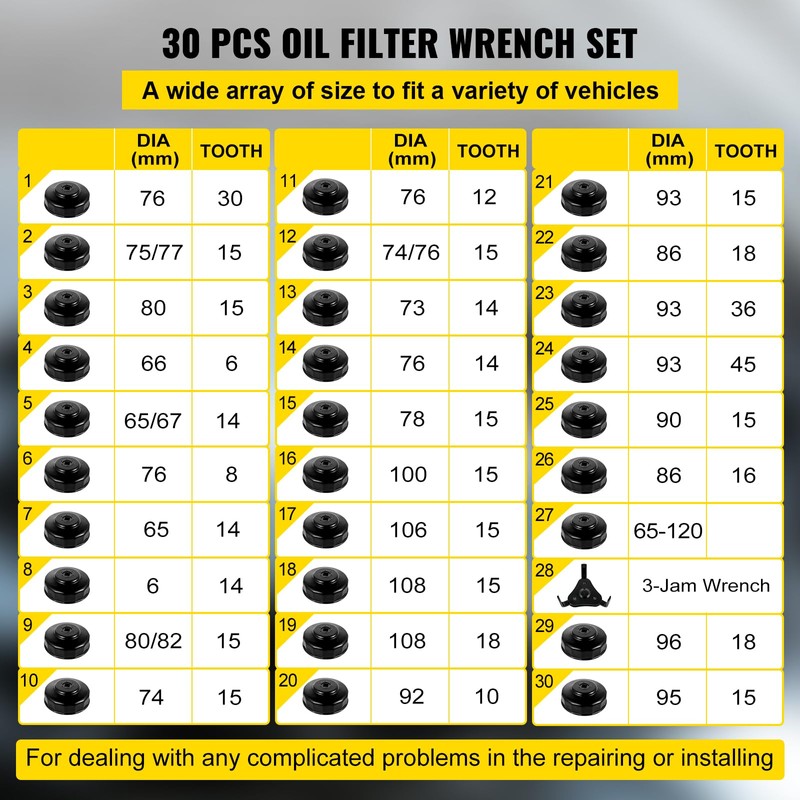 VEVOR Oil Filter Socket Set, 30 Pcs, Steel, Black, 3-Jam