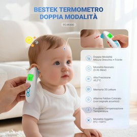 BESTEK Termometro Febbre Doppia Modalità (Frontale/Auricolare),Termometro Neonato per Oggetti, Termometro Digitale Ambiente e con Funzione Neonato 0-36 Mesi