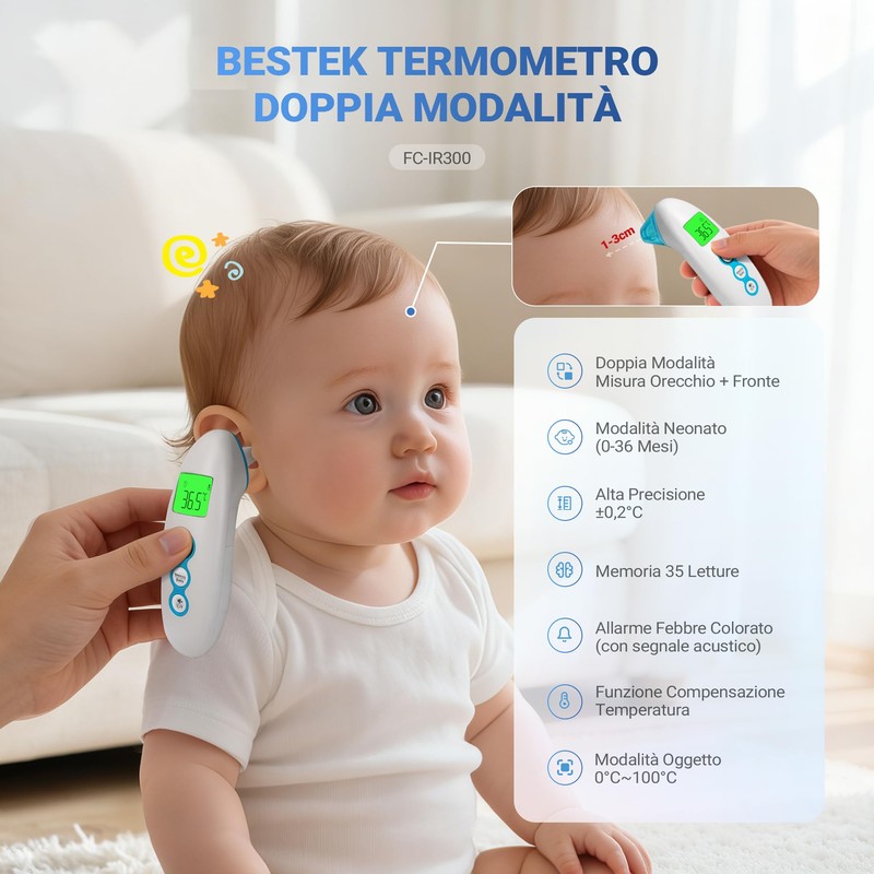 BESTEK Termometro Febbre Doppia Modalità (Frontale/Auricolare),Termometro Neonato per Oggetti, Termometro