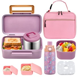 PIQUEBAR Bento Lunch Box for Kids with Thermo Ice Pack Lunch Food Container Bag, 18oz Sport Water Bottle for Kid Girls Boys (Pink Mermaid)