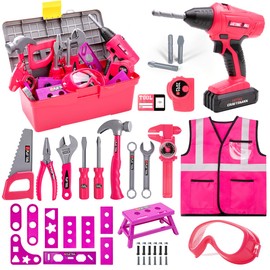 LOYO Kids Tool Set 50 Pcs Kids Construction Toys with Vest, Tool Box with Electric Drill Toy, Pretend Play Kids Toys for Girls Age 3 4 5 6 Years Old