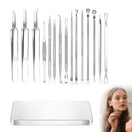 Blackhead Remover Tool Kit 15 PCS Professional Pimple Popping Kit Stainless Steel Black Head Remover with Metal Case Easy Removal of Pimples Blackheads Zit Removing Forehead Facial and Nose (Silver)