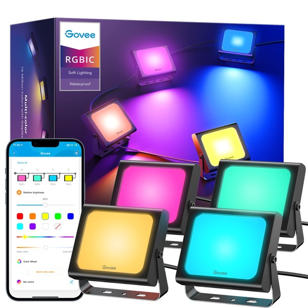 Govee Flood Lights Outdoor, RGBIC Smart Flood Lights 4 Pack with App Control, Color Changing 2700-6500K Led Stage Lights Works with Alexa, IP66 Waterproof 28 Scene Modes DIY Mode for Christmas Yard