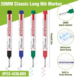 Azureblue 8pcs Long Nib Marker, Long Head Deep Hole Marker Pens, Waterproof Construction Markers Marking Tool, Multi-Purpose Deep Reach Pen Makes For Metal, Carpenter, Woodworking, 20mm 4 Colors