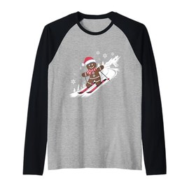Gingerbread Man Christmas Skiing Down Gifts Winter Xmas Kid Raglan Baseball Tee
