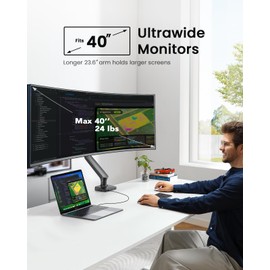 Single Monitor Mount for 13-40 Inch Screens up to 24 lbs, Ergonomic Adjustable Monitor Arm with Built-in USB 3.0 Hub, Space-Saving VESA Desk Mount for Home Office & Gaming, C-Clamp & Grommet Base