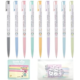 JOKUNA Xeno Cute Slim Ballpoint Pen 0.38mm 9 Colorful Assorted Ink, extra Fine Point Colored Pens and Stickers Memo Pads in Pouch, Made in Korea