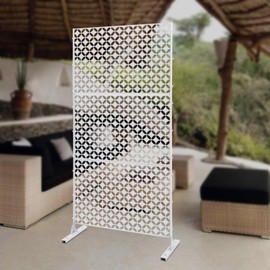 Outdoor Metal Privacy Screen with Stand, 35.4" W x 75" H Freestanding Metal Slatted Decorative Privacy Screen and Panels for Patio Garden Balcony Porch (White Star)