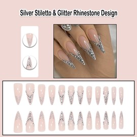 ANDGING Silver Press on Nails Stiletto Medium Long Fake Nails with Glitter Rhinestone Design Glue on Nails False Nails with Glue Full Cover Nail Press ons Reusable Stick on Nails for Wedding Birthday