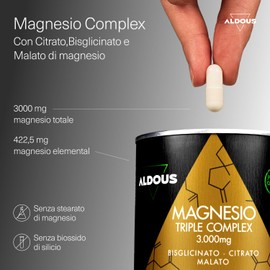 Magnesio Completo 3000mg - 200 Capsule - Magnesio Bisglicinato, Citrato, Malato - 422,5mg Elementare - Energia, Muscoli - Integratori Stanchezza, Articolazioni - Magnesium Complex - ALDOUS