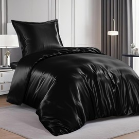 RUIKASI Satin Bed Linen 155 x 220 cm Black - Silky Luxury Duvet Cover with Shine Like Silk Bed Linen Set for Hair and Skin, Shiny Bed Linen 155 x 220 cm with Zip and Pillowcase 80 x 80 cm