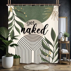 Miyotaa Abstract Minimalist Sage Green Shower Curtain Set 60Wx71H Inches Get Naked Aesthetic Modern Geometric Neutral Contemporary Plant Leaves Waterproof Bathroom Curtain with 12 Hooks