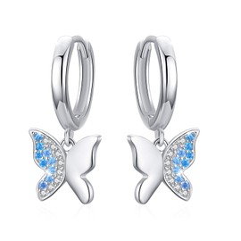 Butterfly Hoop Earrings 925 Sterling Silver Cubic Zirconia Butterfly Earrings for Girls Butterfly Dangle Hoop Earrings for Women Kids (Blue)