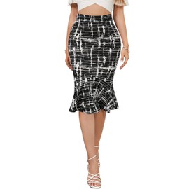 YATHON Women Work Skirts Business Casual Midi High Waist Mermaid Hem Bodycon Skirt (YT274-black Geome,S)