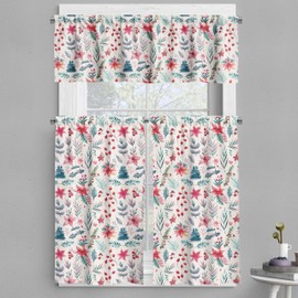 Ambesonne Christmas Valance and Curtain 3 pcs Set, Xmas Floral with Traditional Flowers and Leaves Illustration, Window Treatments for Kitchen Room Decor, 55" x 36", Hot Pink and Pale Petrol Blue