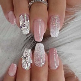 LONEOURS 24pcs French Almendra Nails, Acrílico, Cobertura completa, Uñas Falsas, Pegamento Incluido, Mediano