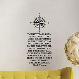 Mark Twain Quote Wall Decal Twenty Years from Now Explore Dream Discover Compass Sign Education Wall Decal Library Teacher Gift Vinyl Sticker Classroom Wall Decal Print Study Decor School Poster 958