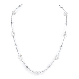 The Pearl Source 7-8mm Keshi Genuine White Freshwater Cultured Pearl Link Necklace for Women